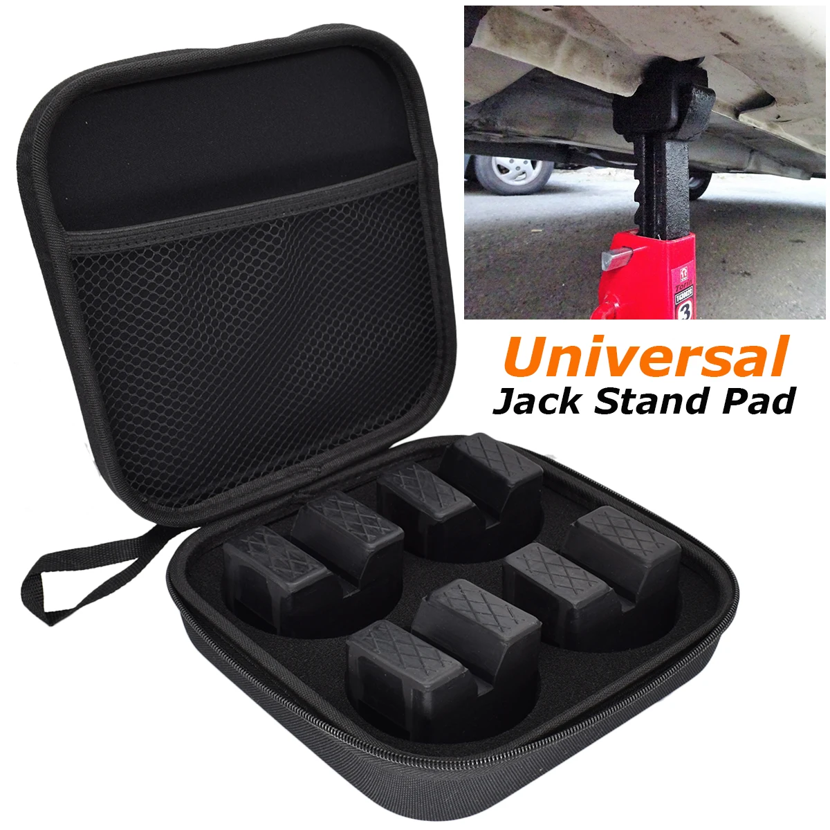 

Car Jack Stand Slotted Lift Rubber Pads Adapter Floor Frame Rail Pinch Universal Repair Tools W/ Storage Case For VW Toyota Ford