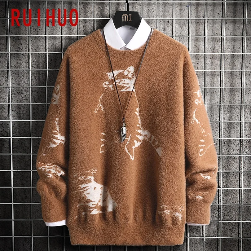 RUIHUO Cat мужской свитер вязаный Топ пуловер мужская одежда мужские свитера 2021 Новое