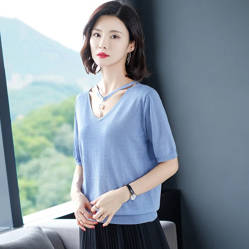 2021 new fashion T-shirt womens solid color knitted
