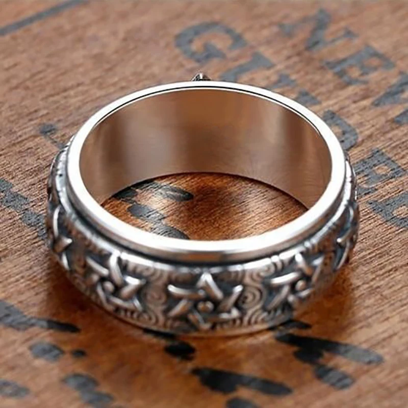 HX Silberfarbener drehbarer Ring für Herren, Sterlingsilber, Retro, dominanter sechszackiger Stern, breite Version, thailändischer Zeigefinger, geschlossen – Detail 5