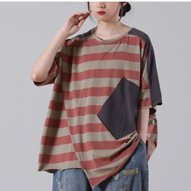 

IEQJ Women Vintage Big Size Striped Spliced Contrast Color T-shirt New O-neck Short Sleeve Casual Fashion Summer 2021 3F0132
