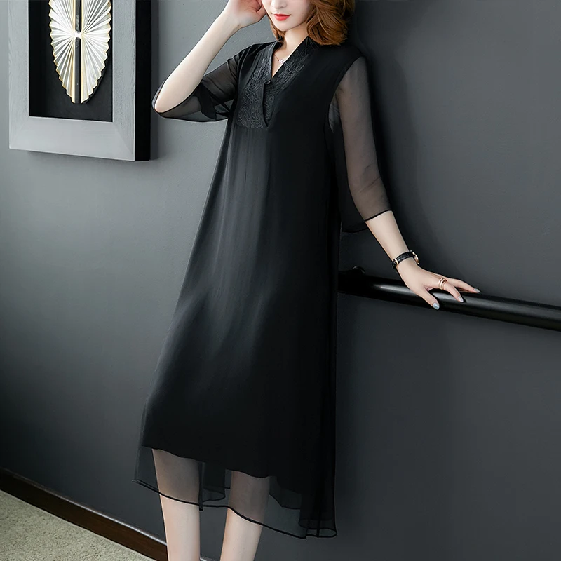 Черное шелковое платье Женский 2020 Сезон весна-осень Новинка Женские туфли