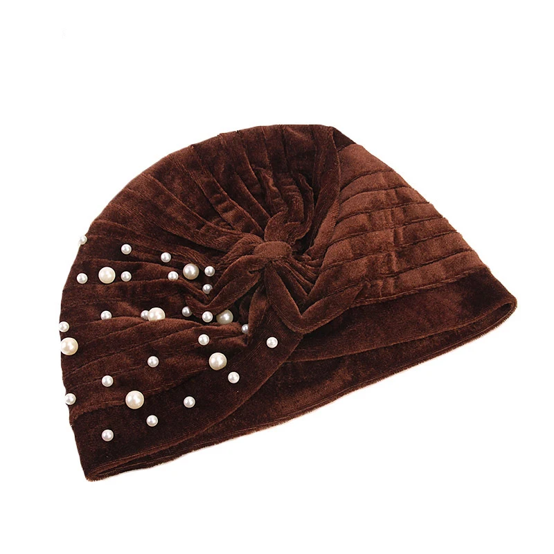 

Helisopus Muslim Women Ruffle Velvet Bead Turban Hat Scarf Banadans Cancer Chemo Beanie Caps Headwear Headwrap Hair Accessories