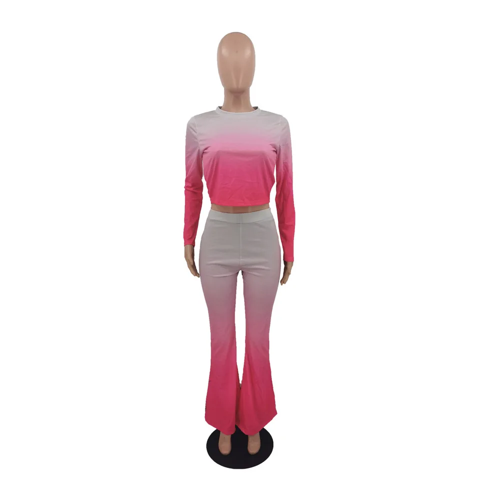

Active Wear 2 Piece Set Fall Clothes for Women Gradient Print Long Sleeve Slim Crop Top + Skinny Flare Legging Lounge Wear Suit