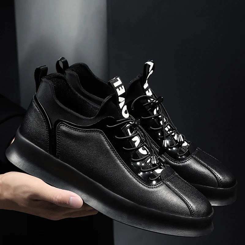 

Мужские весенние черные повседневные туфли на платформе, мужские Модные уличные кроссовки на шнуровке, мужские удобные кожаные туфли, ...