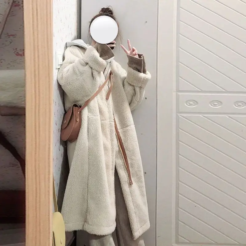 

Hstar Faux Lamb Wool Cotton-Padded Jacket Women 2021 New Winter Chic Long Jacket Thickened Korean Style Baggy Coat Outwears