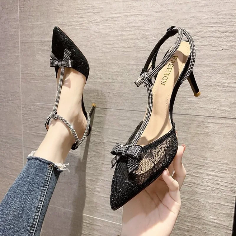 

2021 New Women Shoes High Heel Net Yarn Pearl Rhinestone Princess Women's Shoes Baotou Pointed Toe Stiletto Sandals