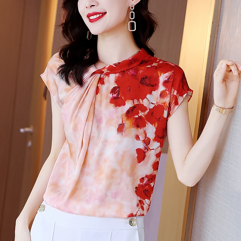 Fashion Woman Blouses and Shirts 2022 Summer Elegant Short Sleeve Women's Shirt Real Silk Loose Tops Women Floral Print Blouse