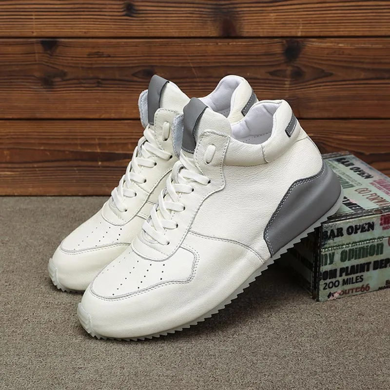 

High-Top Casual Shoes Men Flats Height Increasing Real Leather Cowhide Sneakers White Black Luxury Lace Up Street Hip Hop Shoes