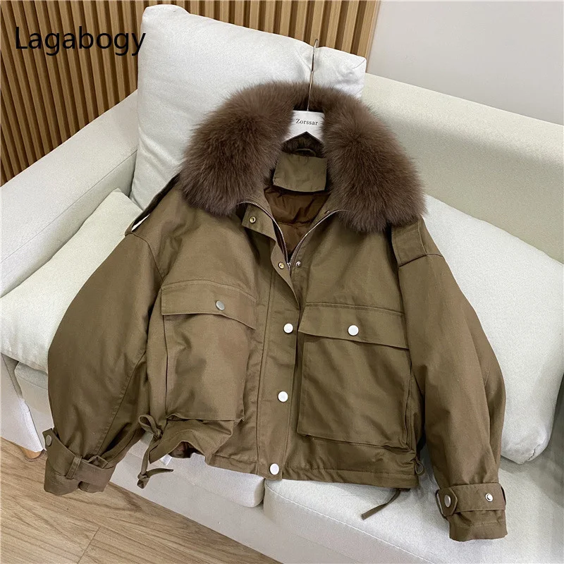Lagabogy 2021 New Winter 90% Down Coat Women Vintage Puffer Jacket Real Natural Fox Fur  Collar Female Thick Warm Loose Parkas