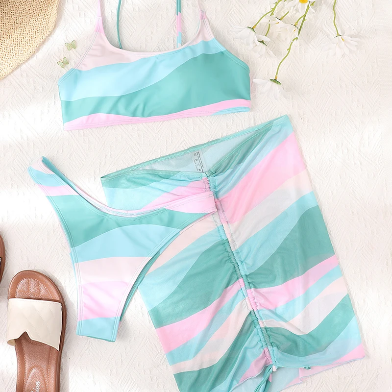 

Summer Woman Swimsuit Sexy Three Pieces Bikini New Push Up Bikini Set Beachwear Stripe Printing 3 pcs Briefs Bathing swim Suit