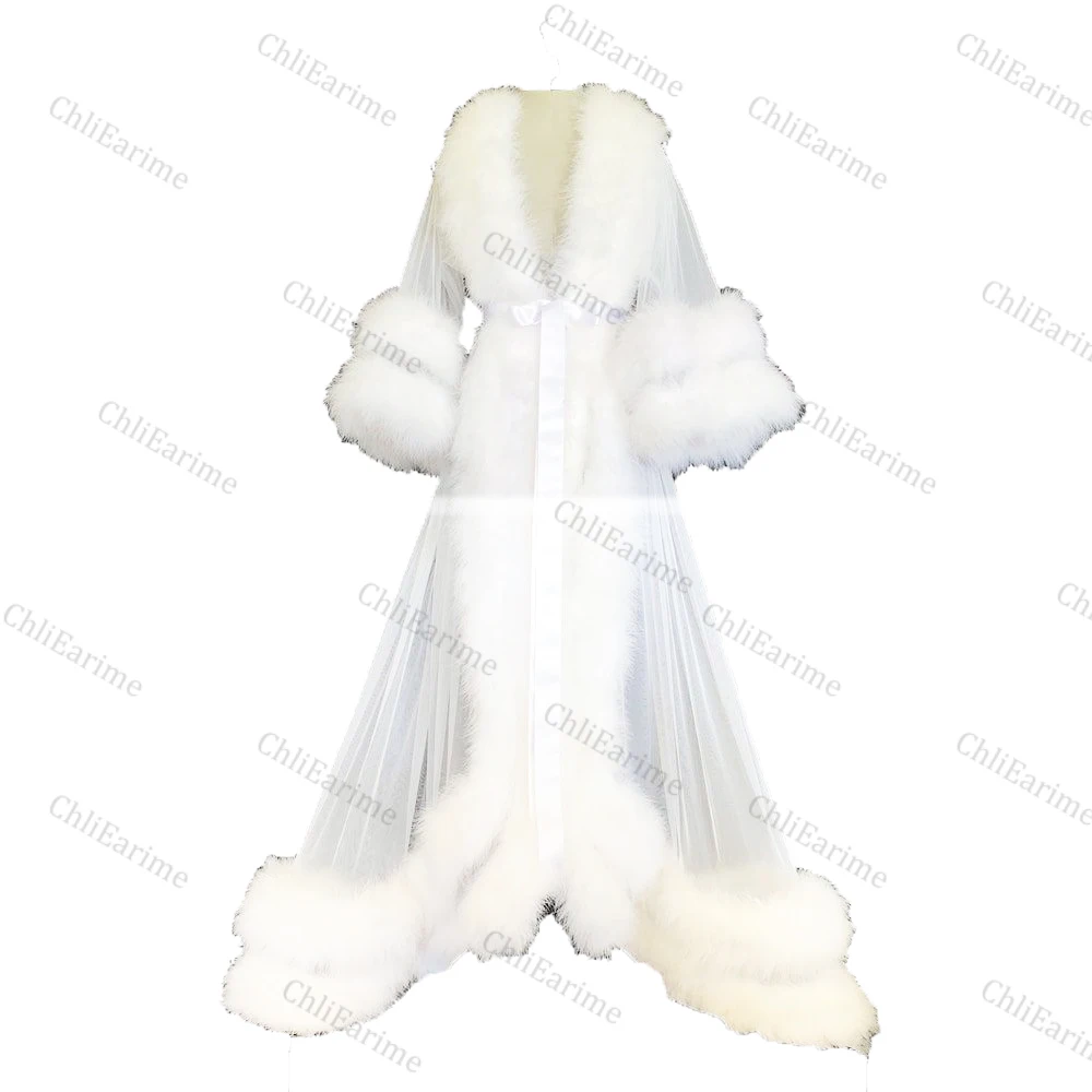 White Double Deluxe Women Robe Fur Nightgown Bathrobe Sleepwear Bridal Robe Marabou Dressing Gown Party Gifts Bridesmaid Dress