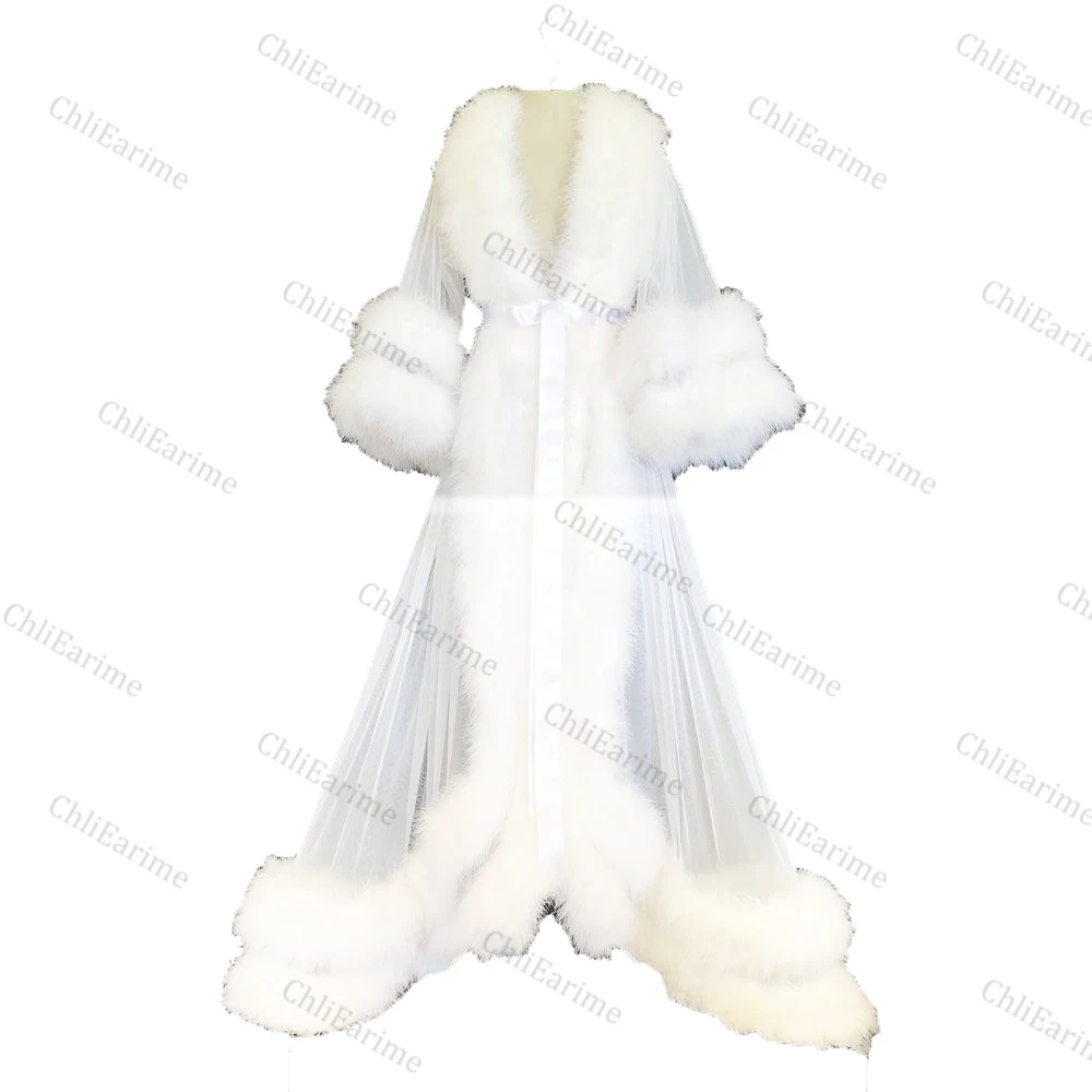 

White Double Deluxe Women Robe Fur Nightgown Bathrobe Sleepwear Bridal Robe Marabou Dressing Gown Party Gifts Bridesmaid Dress