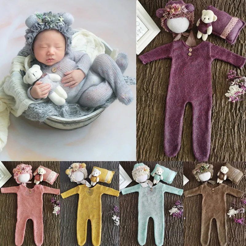 4 Pcs/Set Baby Clothes Newborn Photography Props Baby Romper Jumpsuit Hat Pillow Set With Cute Bear Doll Photo Shooting Outfits