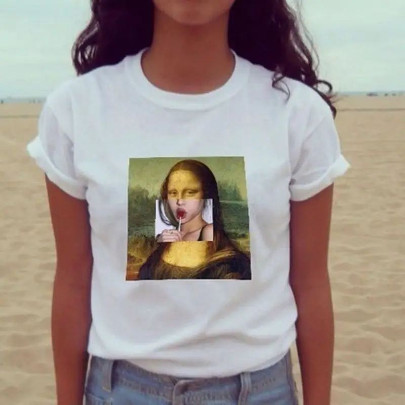 

Women Girl Summer Short Sleeve T-Shirt Aesthetic Famous Painting Funny Patchwork Design Casual Harajuku Loose Graphic Tee