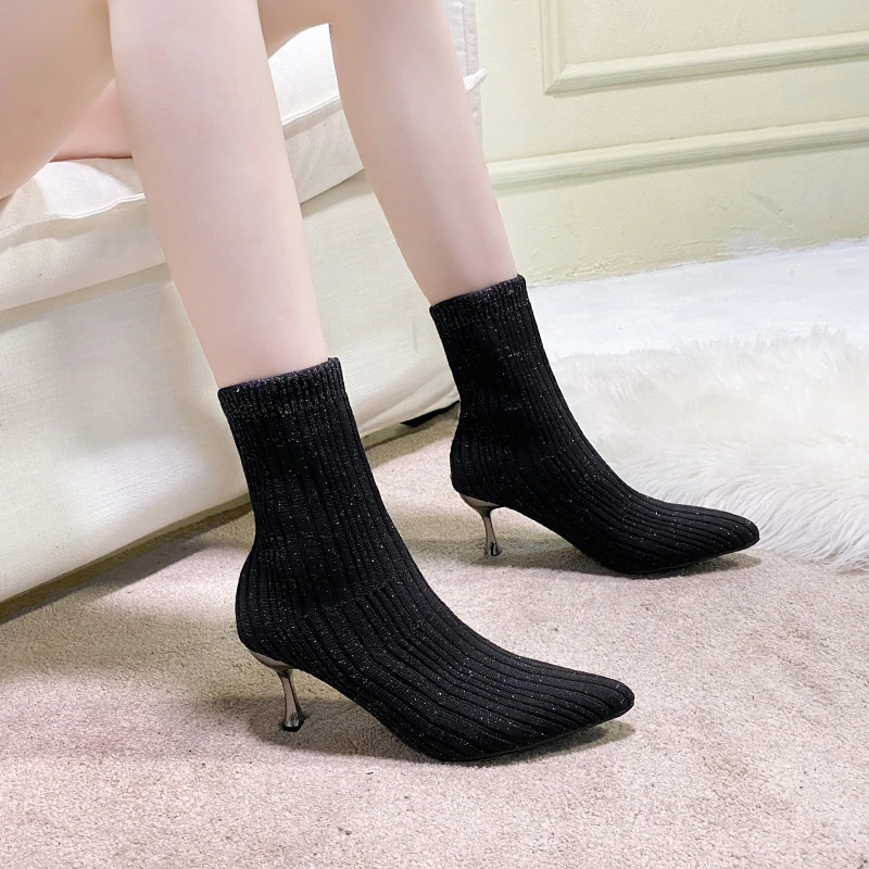 

Женские ботинки носки на высоком каблуке с острым носком женские сапоги летающие вязаные шерстяные сапоги Новинка Осень-зима 2021 модные кор...