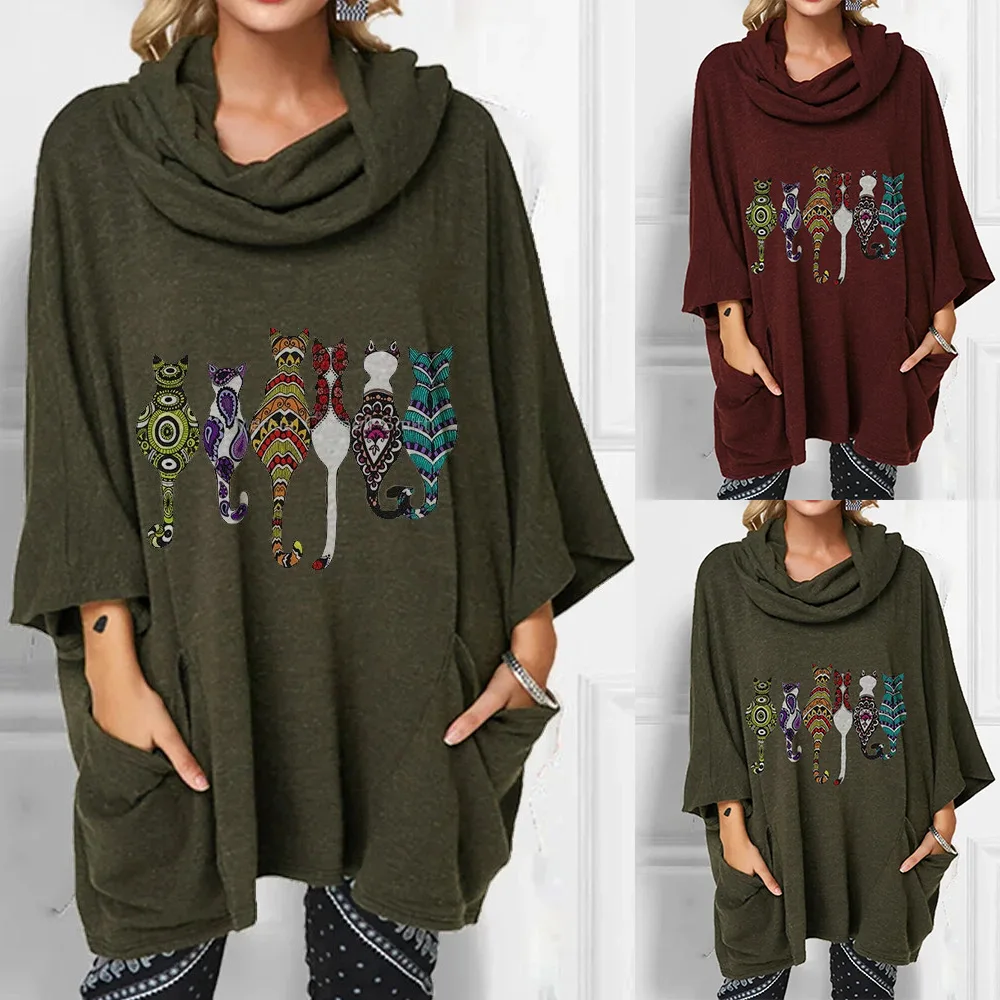 

Повседневный пуловер с мультяшным принтом, футболка оверсайз, женская одежда с рукавом три четверти и карманами, женская модная Осенняя сво...