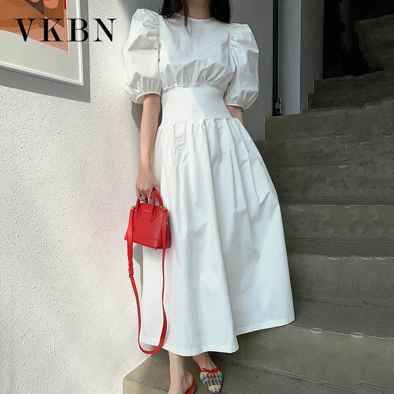 

VKBN 2022 Summer Dress Women Short Sleeved Round Neck Wide Elastic Waist Black And White Fashion Long Dress