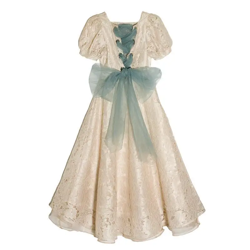 

Retro Vintage Dress Women Elegant Embroidery Lace Chiffon Puff Sleeve Dress Summer Korean Japan Style Kawaii French Dress 2020