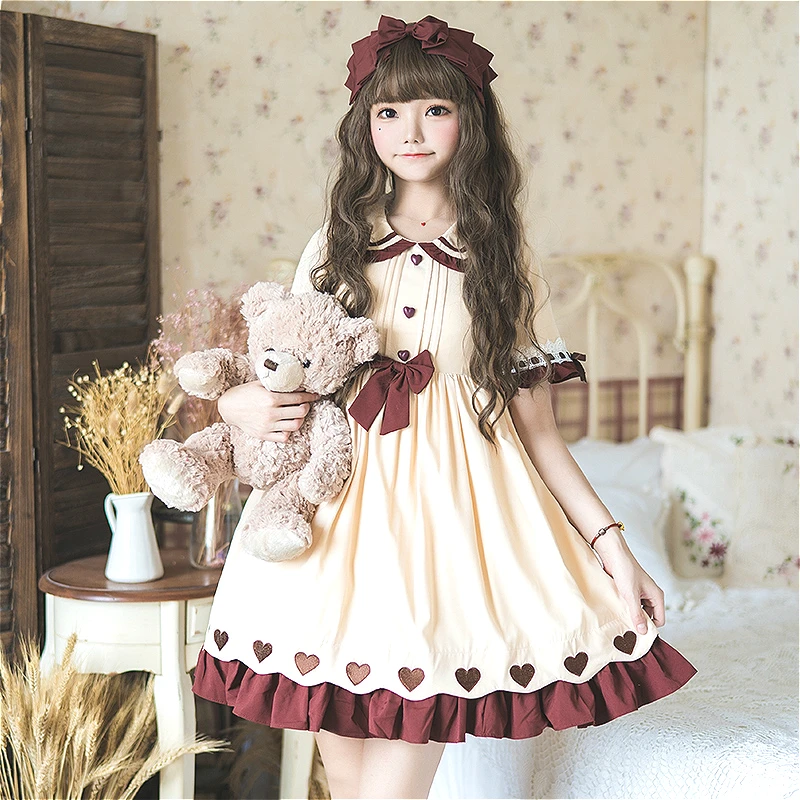 

Japanese Lolita Girl Daily Short Sleeve Op Dress Student Lovely Girl High Waist Sweet Summer Lolita Wear Peter Pan Collar Bow