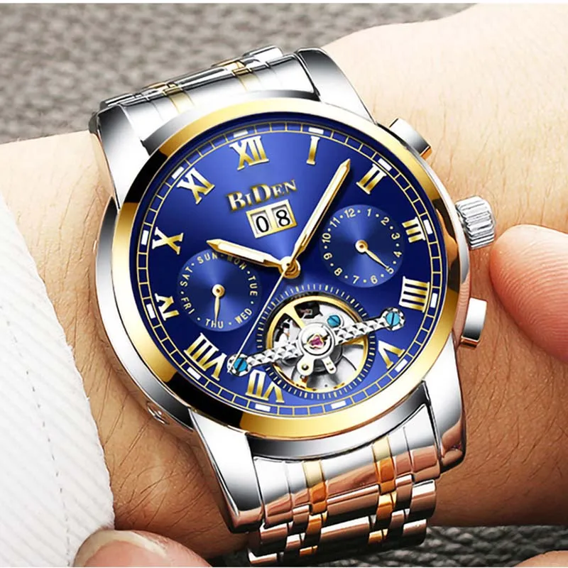 Мужские автоматические механические часы мужские золотые из нержавеющей стали с