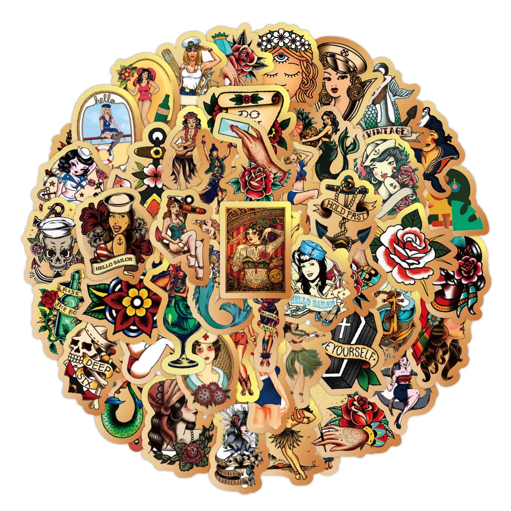 

10/30/50PCS Retro Old School Tattoo Style Sticker Refrigerator Trolley Case Decals Backpack Tables Waterproof Sticker Wholesale