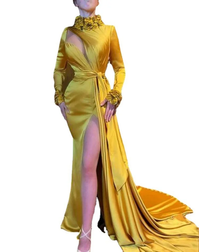 

2021 Autumn Gold Loose Sexy Irregular Split Long Dresses for Women Solid Belt Dress for Women Donsignet