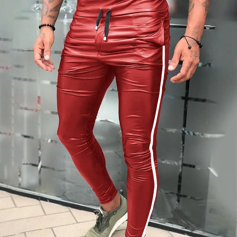 

2020 Men's Leather Motorcycle Pants European and American Slim Lace-up Pants Side Stripes Casual Skinny Leather Pants