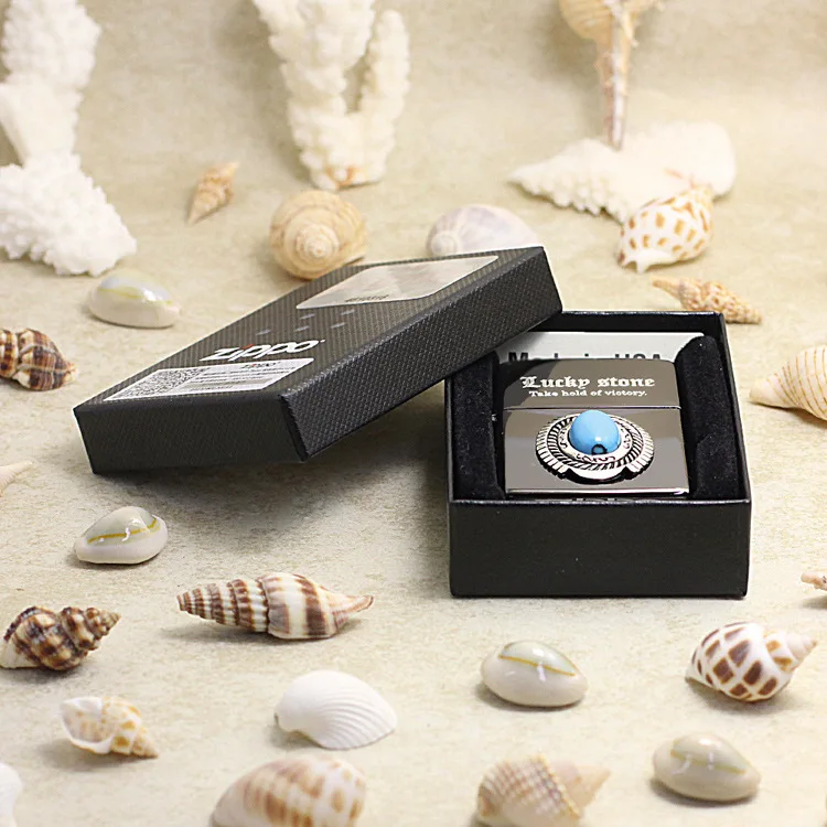 

Genuine Zippo oil lighter copper windproof Lucky stone Turquoise cigarette Kerosene lighters Gift With anti-counterfeiting code