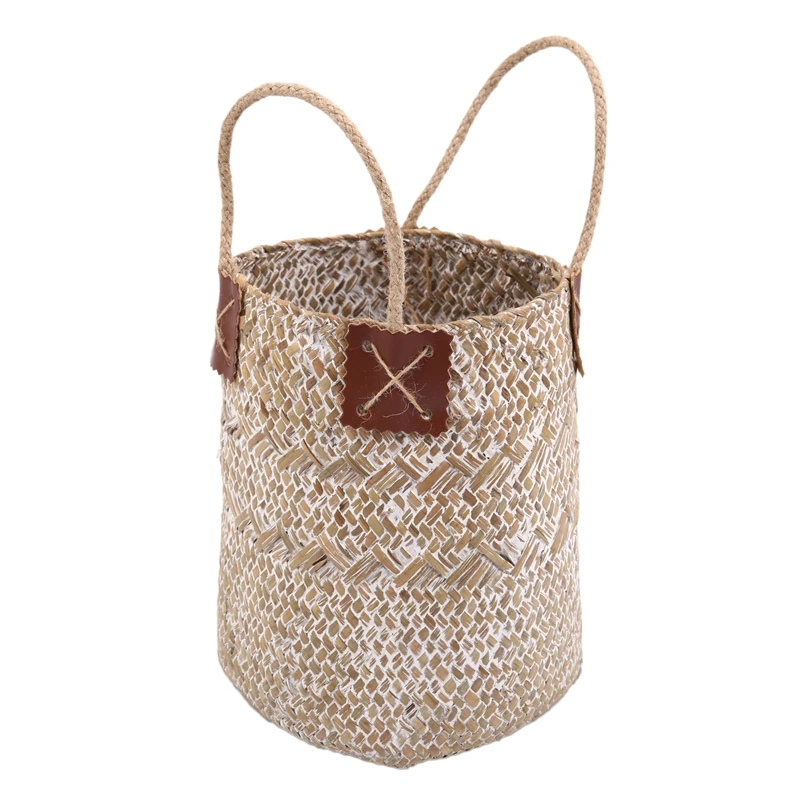 

2Pcs Natural Seagrass Woven Flower Basket Pot Vase Laundry Baskets Home Storage Baskets Organizer with Handle Decoration