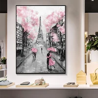 paris city eiffel tower umbrella on street oil painting graphic artwork canvas poster print wall picture for living room decor