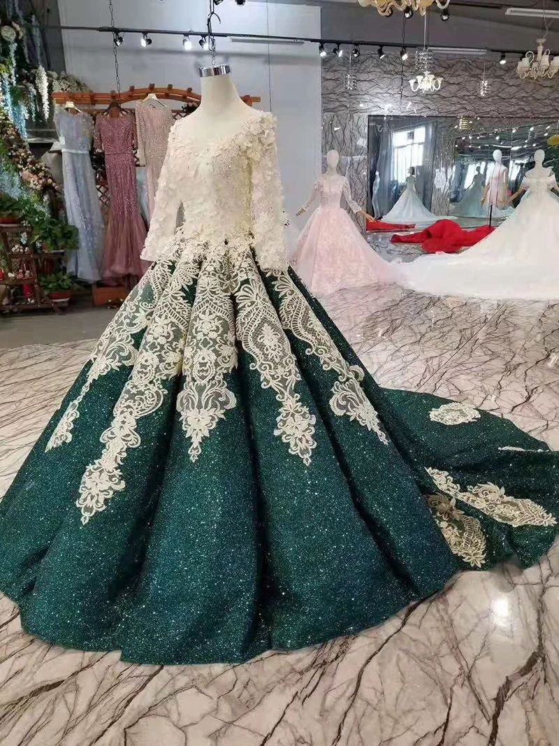 BGW 22514ht Green Shiny Dress Women Long Sleeve O-neck Glitter Dubai Ball Dress Sparkling Curve Shape Evening Dress Muslim
