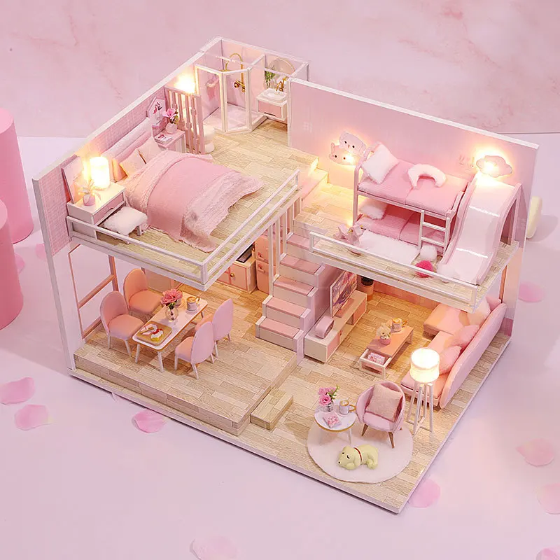 

Miniature Dollhouse Loft Model Room Box Wooden Dollhouse Toys Accessories With Dust Cover LED Creative Gifts For Children Adults