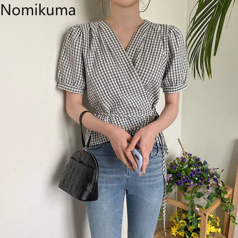 Nomikuma тонкая талия со шнуровкой в винтажном стиле рубашки с v-образным вырезом