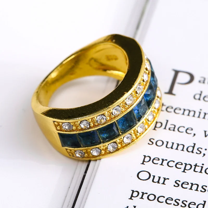 

Trendy Unisex Bule Square Cubic Zirconia Crystal Gold Color Female Male Ring for Women Men Party Jewelry Accessories