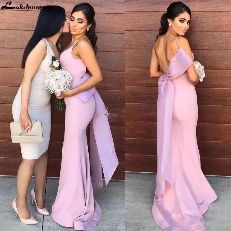 

Dusty Pink Backless Bridesmaid Dresses Long Spaghetti Straps Big Bow Mermaid Party Dress Satin Maid Of Honor Wedding Guest Dress