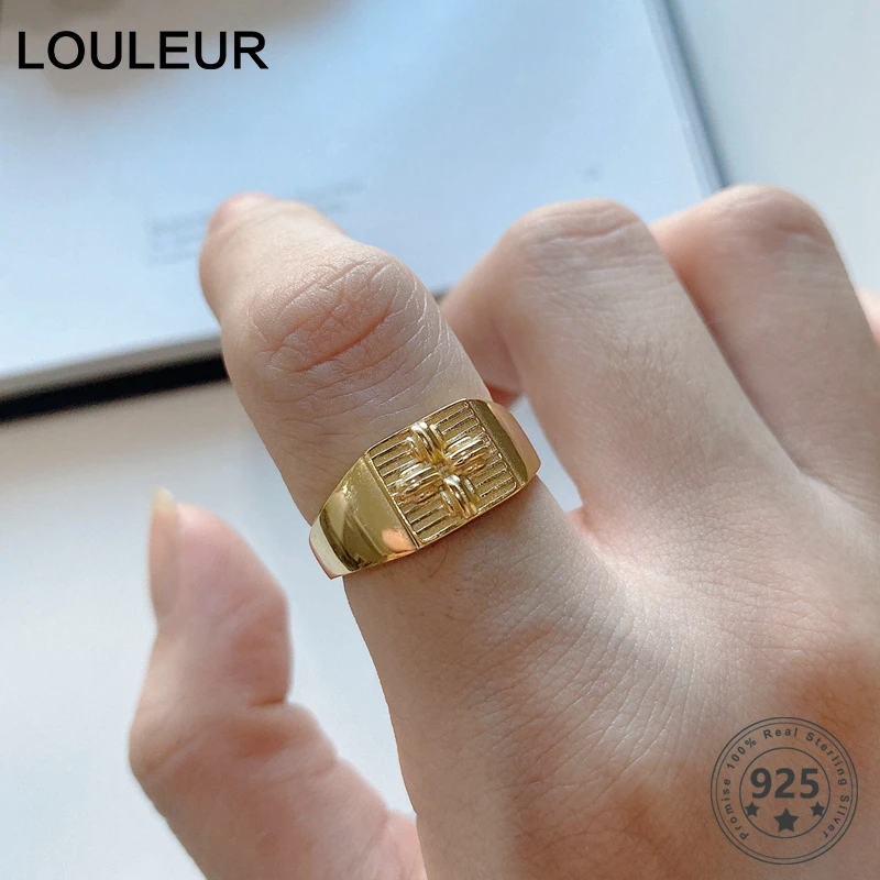 LouLeur Настоящее серебро 925 пробы цветок золотые кольца высокое качество широкие