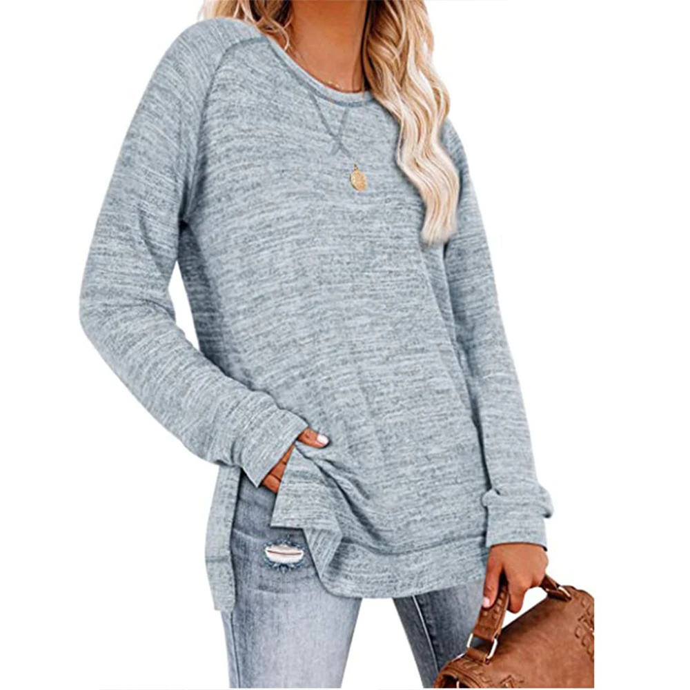 

Autumn Women Plus Size Loose Casual Solid Long Sleeve O-neck Tops Side Split Legant Front Tunics Ladies Hoodie Pullovers Clothes