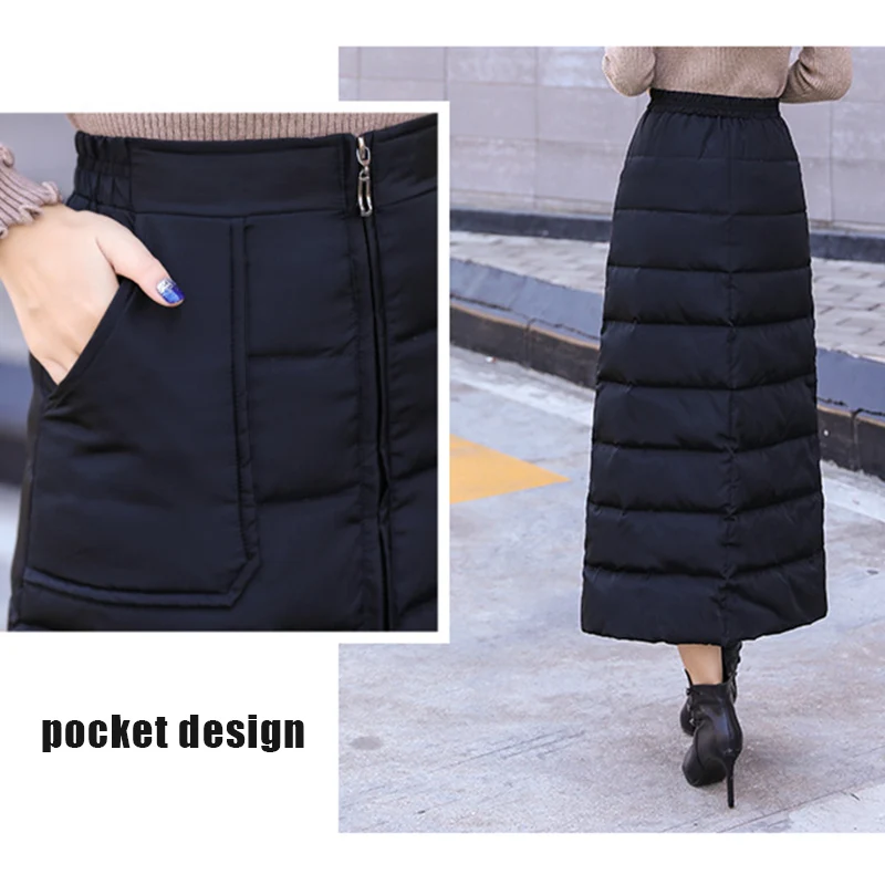 

Winter Down Cotton Skirt High Waist Zip up Long Warm Skirt Thickening Women A-line Skirts BMF88