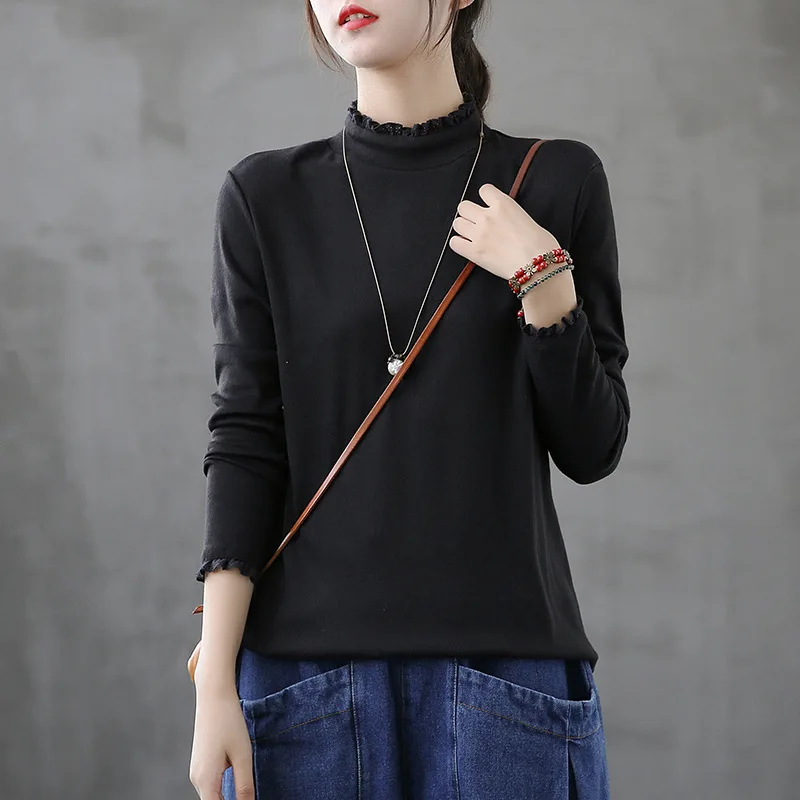

Newest Autumn Loose And Thin Long Sleeve T-shirt Rice White Blue Harajuku Half High Collar Bottoming T Shirt For Women Tops