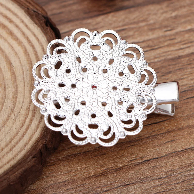 Булавки для волос "Цветочный круг винтажной филлигранный дизайн" 30 мм, металлический зажим крокодильчик с зубчиками, мультицветный.