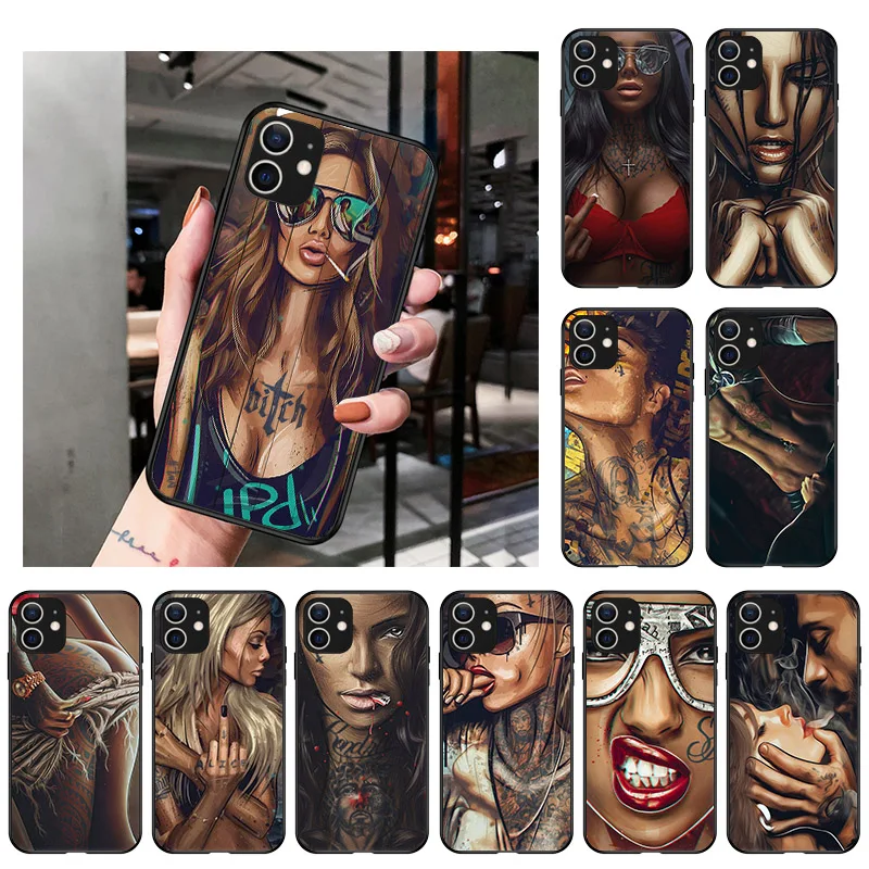 

TPU Soft Black Matte Silicone Phone Case For iPhone 13 12 11 Pro XS Max SE2020 X XR 7 8 6s 6 Plus Sexy Tattoo Girl Angel Cover