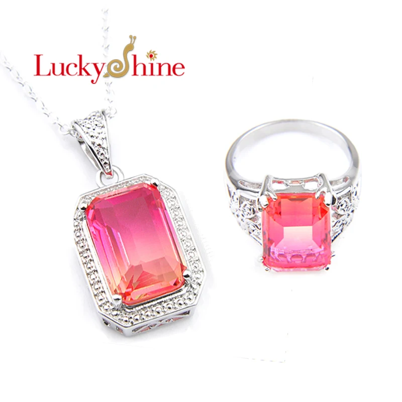 

luckyshine 2Pcs Christmas Gift Sets Pendant Rings Jewelry rectangle Bi Colored Tourmaline Gems Wedding Jewelry Gift