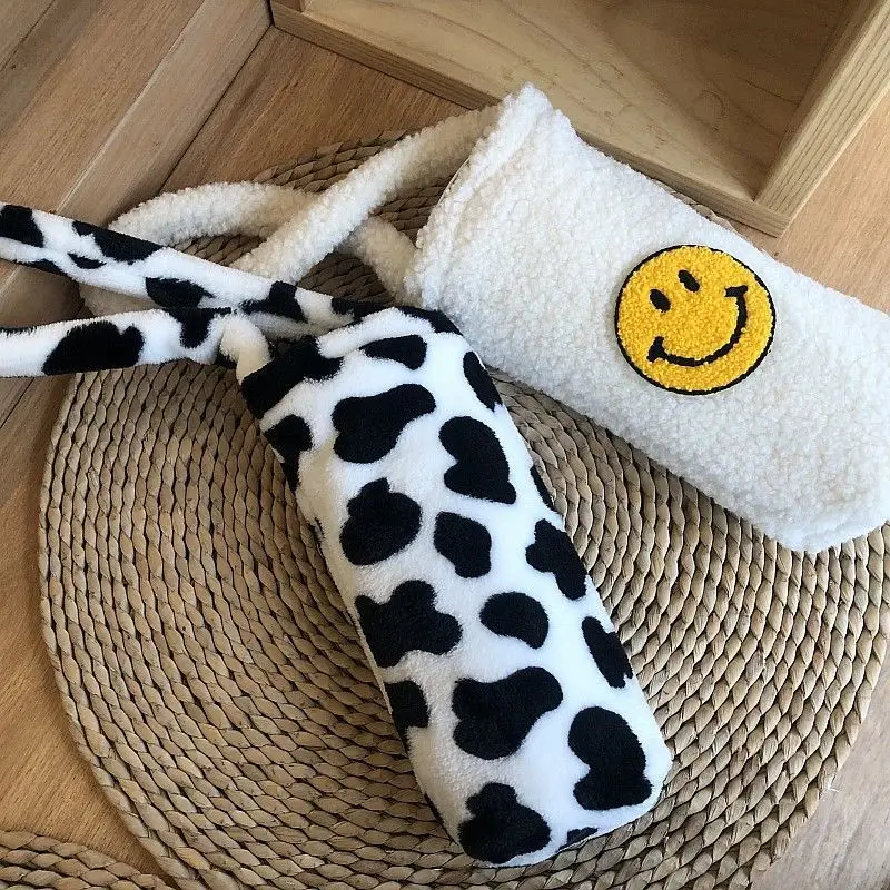 

Cute Cow Pattern Women's Small Purse Handbags Fashion Smiley Girls Water Cup Shoulder Bag Soft Plush Female Bottle Bucket Bags