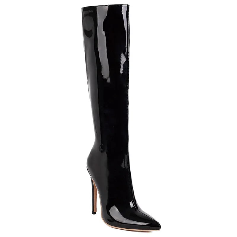 Sgesvier 2022 Women Knee High Boots Sexy Pointed Toe Thin High Heel Ladies Calf Boots Patent PU Leather Side Zipper Party Women