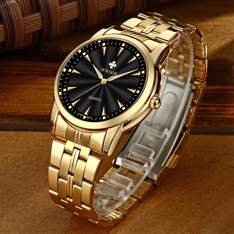 WWOOR Топ Бренд роскошные золотые часы для мужчин из нержавеющей стали