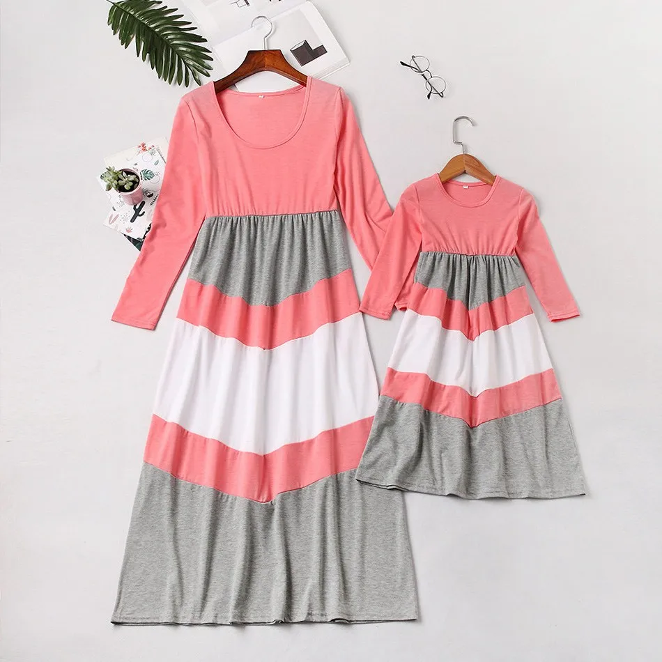 

Mommy and Daughter Matching Clothes Mommy and Me Dress Summer Solid Color Stitching Long-sleeved Dress Family Matching Outfits