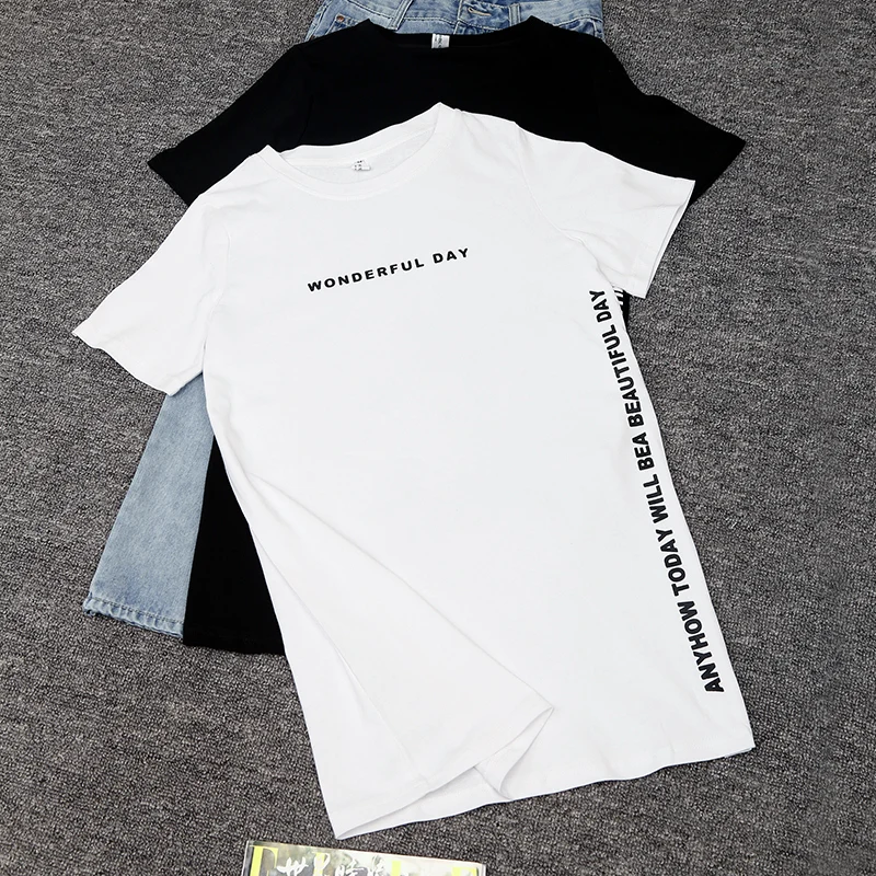 

Plus size Print Long T shirts Summer Women Loose Slit Femme Tops Cotton Tshirt Short sleeve Ladies t-shirt