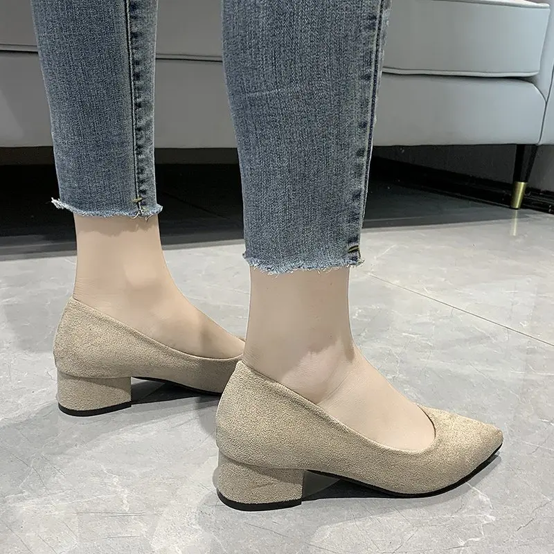 

Mid Heel Shoes Women 2021 Elegant Office Leather Shoes Ladies Square Heel Pointed Toes Vintage Sandals Women Pumps Plus size 42