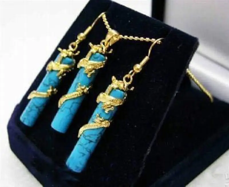 

Women Jewelry Sets Dragon jade&Turqoise Pendant Necklace+Earrings Fortune Gifts